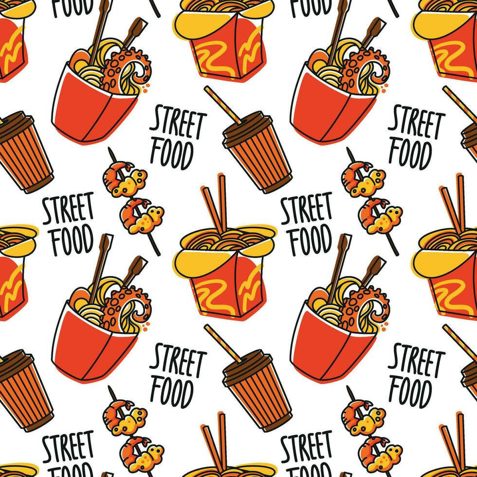 Asian street food. Ramen, noodles and other dishes. Seamless pattern. Vector. vector