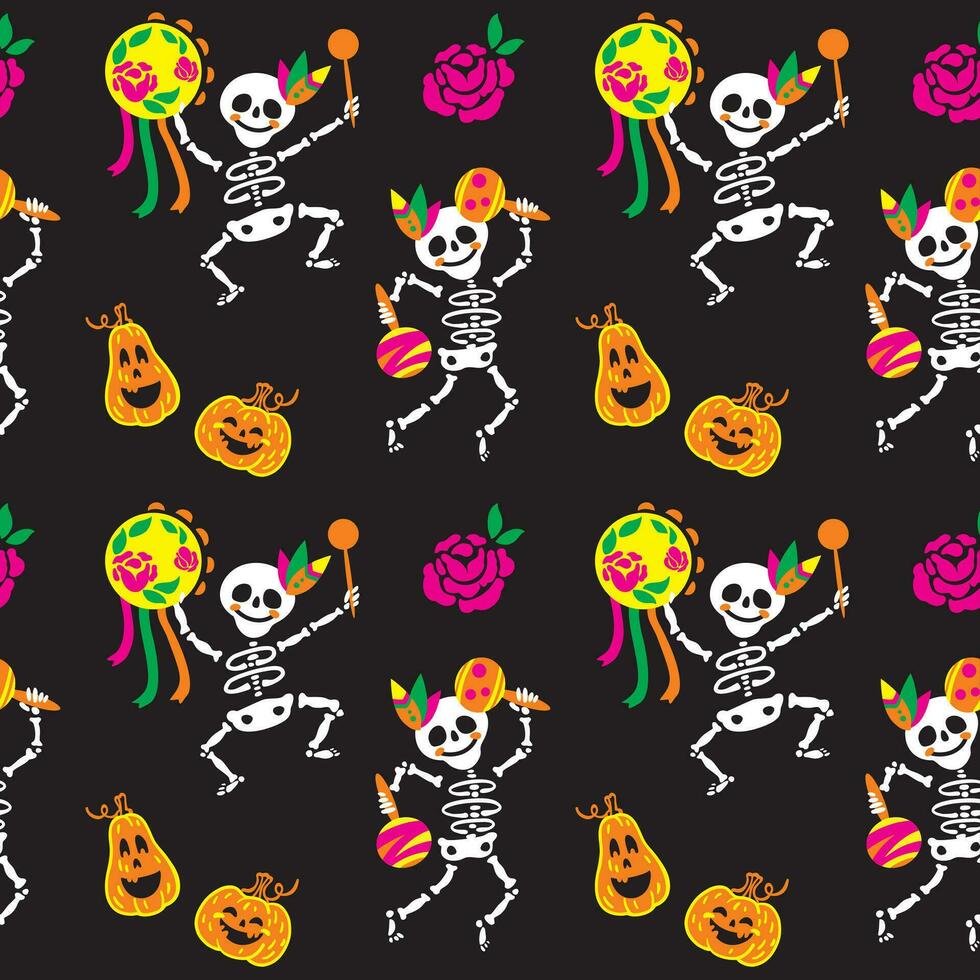 Cute skeleton. Happy halloween. Halloween pumpkin. Day of the Dead in Mexico. Seamless pattern. Funny kids print vector
