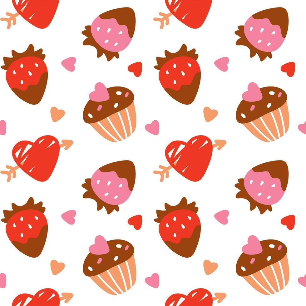 Strawberries in chocolate and cupcakes with decor for Valentines Day. Seamless pattern. Vector