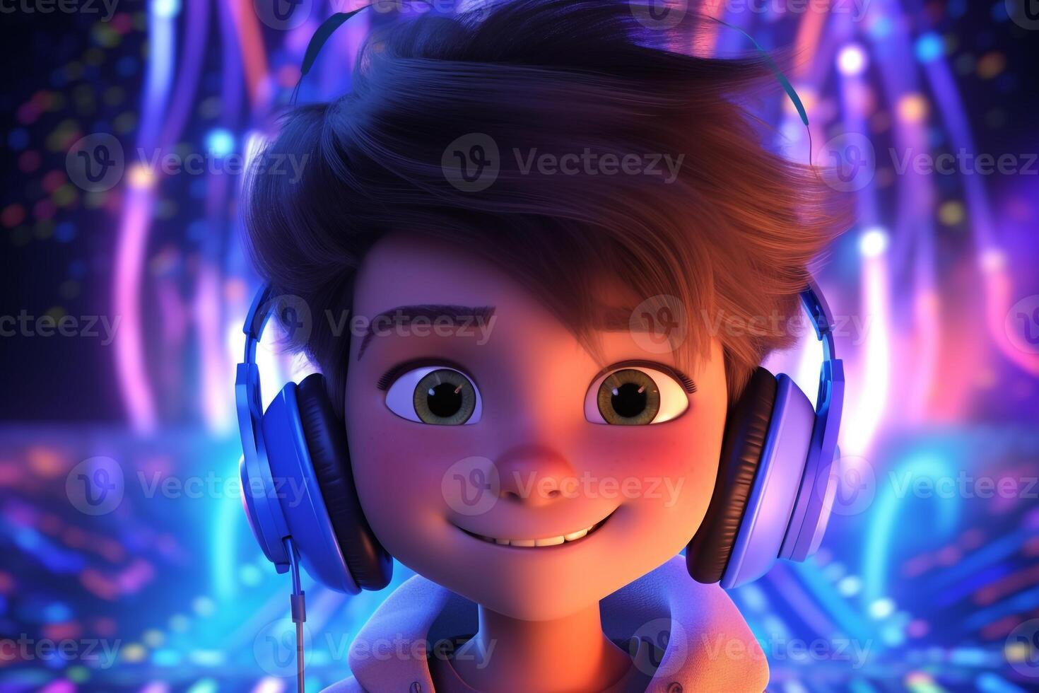 DJ Cartoon boy DJ with headphones and colorful lights, photo