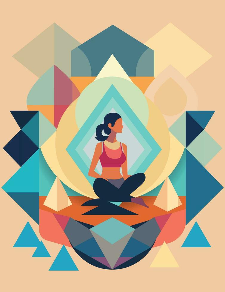 mujer meditando con resumen vistoso geométrico antecedentes. vector