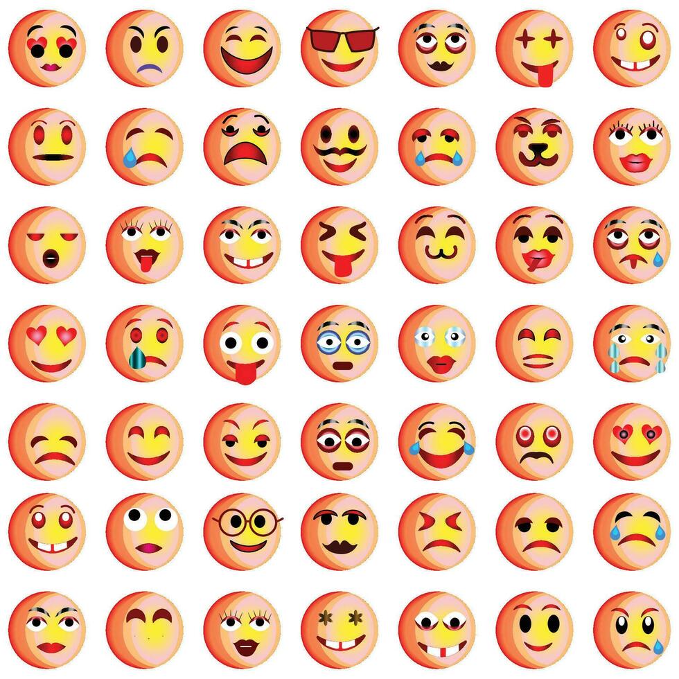 conjunto de emoticonos conjunto de emojis sonrisa iconos, gracioso dibujos animados amarillo emoji y emociones icono recopilación. estado animico y facial emoción iconos llanto, sonrisa, reír, alegre, triste, enojado y contento caras, vector