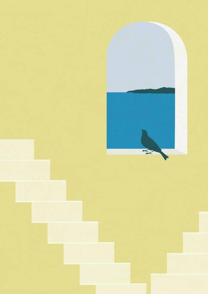 Aesthetic illustration poster with view on the Santorini. Architecture elements vector
