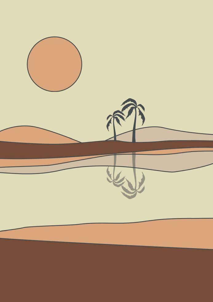 Desert oasis in daytime and water minimalistic printable illustration. Dunes and palms vector