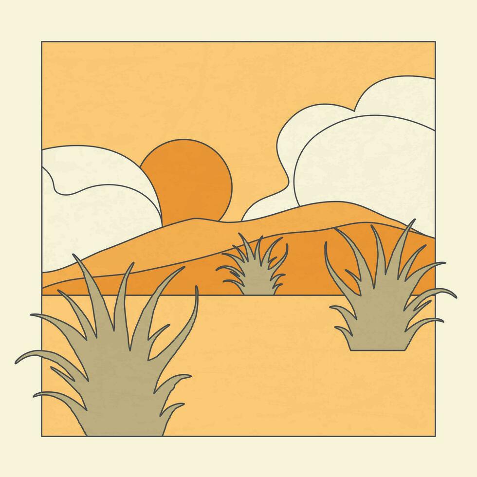 Minimalist aesthetic illustration with cactus in desert. vector