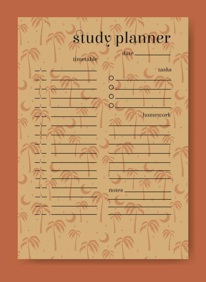 estudiar planificador minimalista verano palmas página diseño. vector
