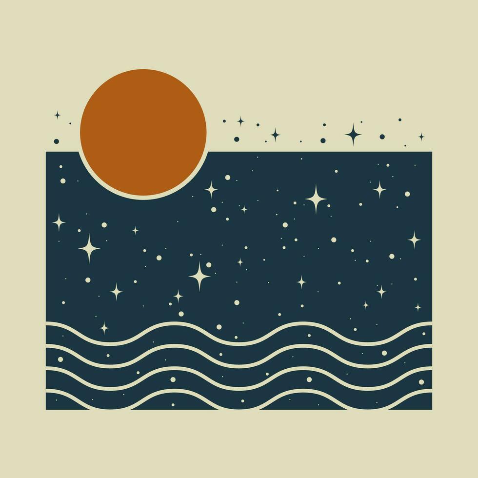 Aesthetic mystical background with sun and night sky. Burnt orange, deep colors. vector