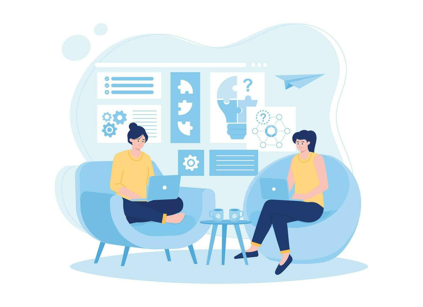 Womans work together to solve a problem concept trending flat illustration vector