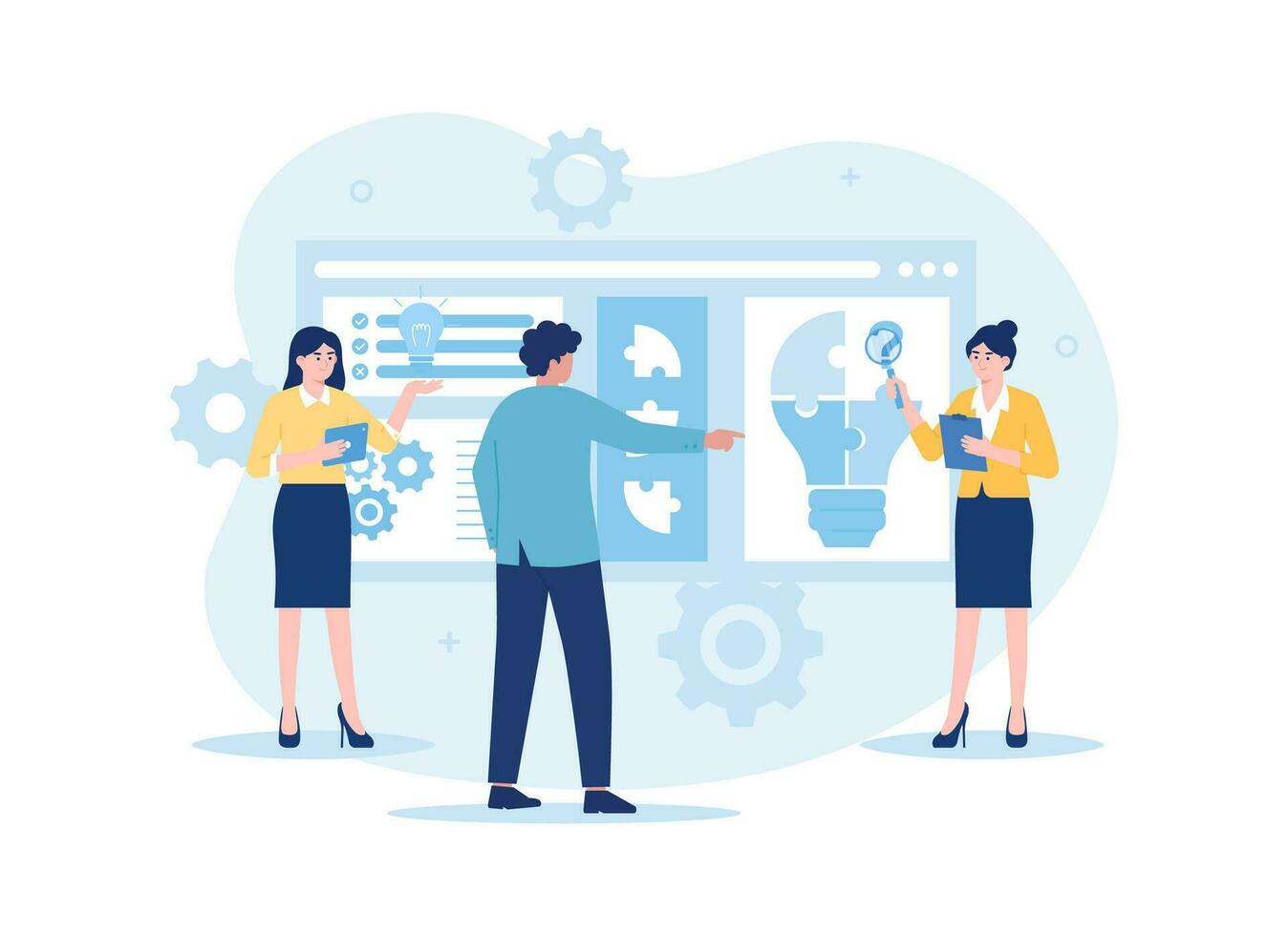 Together looking for business solutions via online, jigsaw bulb trending flat illustration vector