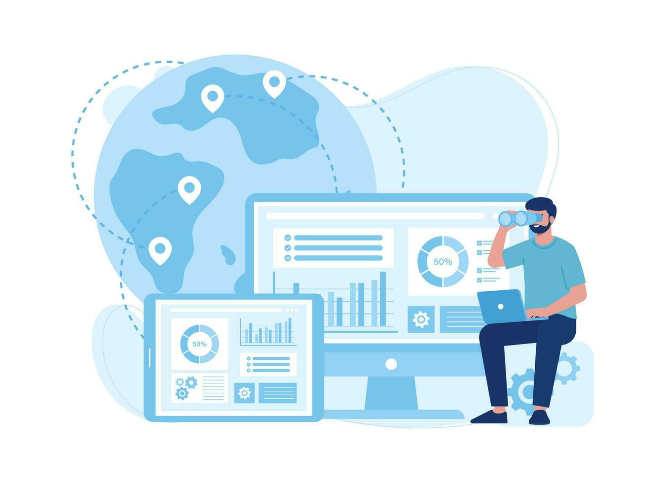 Analyzing data with people, globe and computer trending concept flat illustration vector