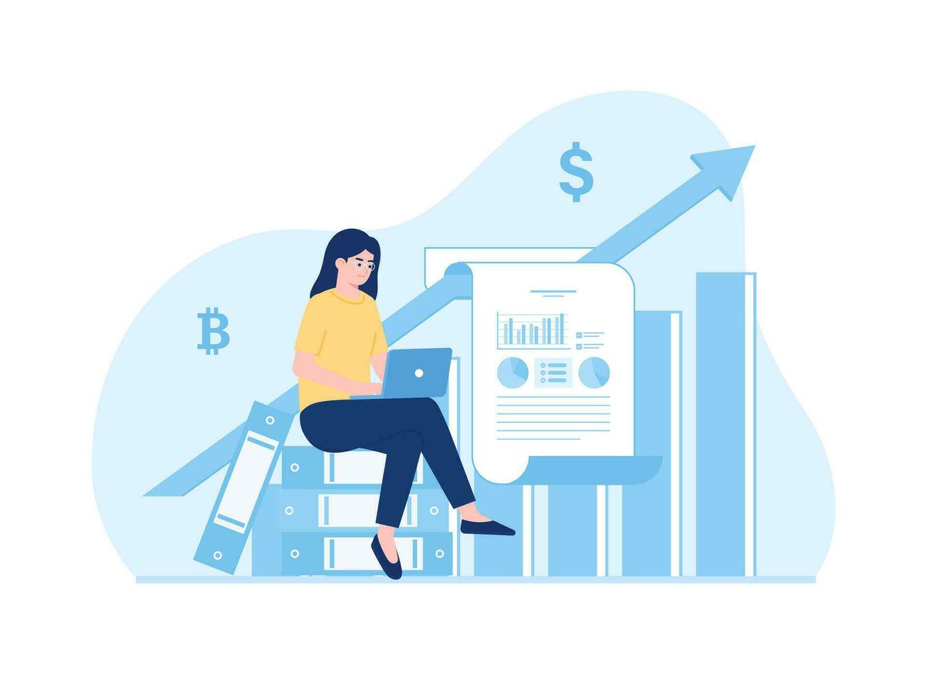 Bitcoin and dollar analyst data trending concept flat illustration vector