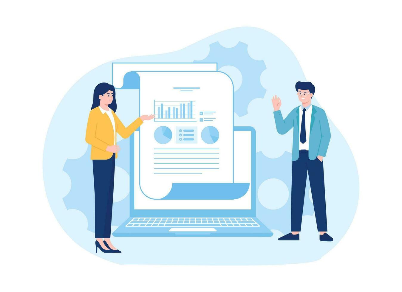 Two people presenting data analysts trending concept flat illustration vector