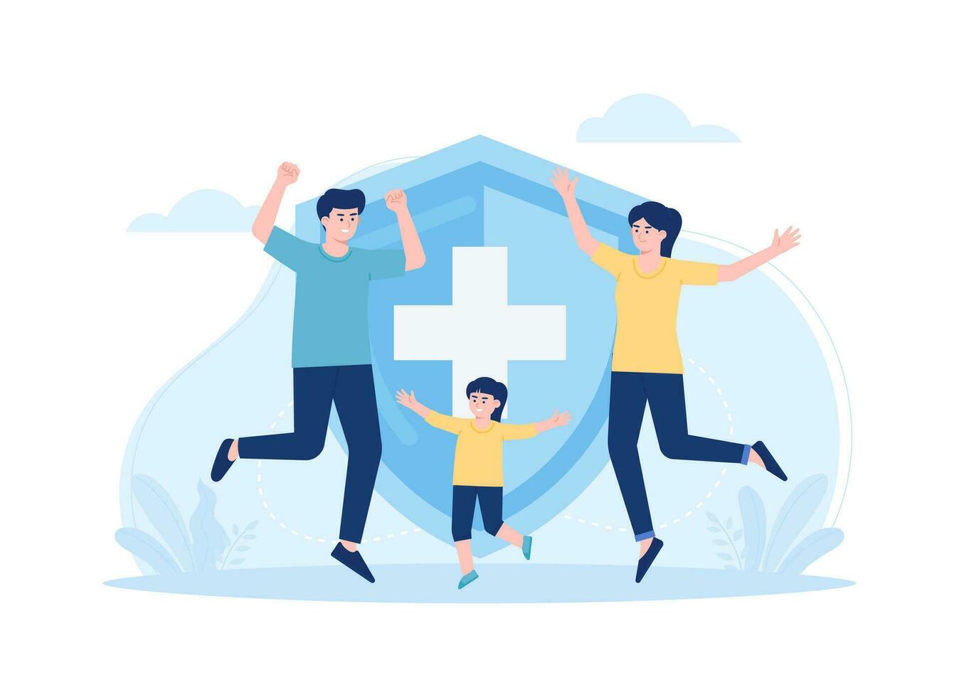 Family life insurance with young parents and kid trending concept flat illustration vector