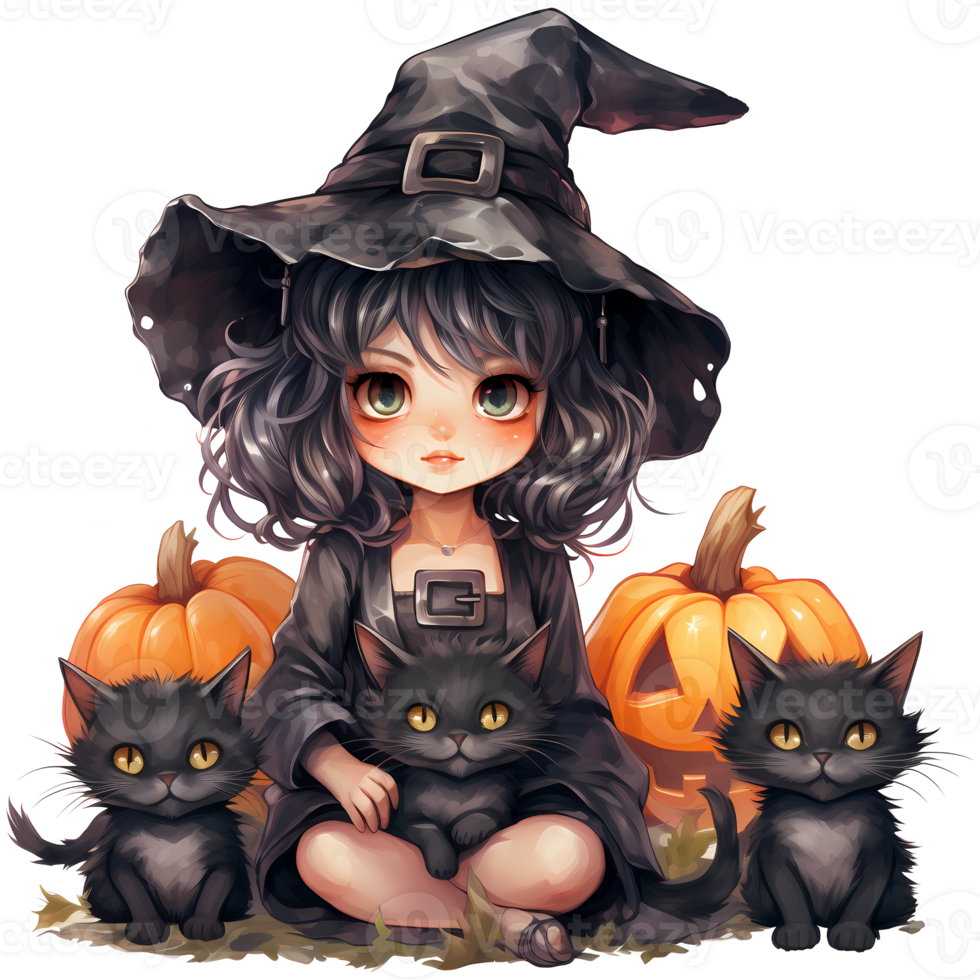 mignonne peu sorcière et sa familiers et citrouilles, content Halloween ai génératif png