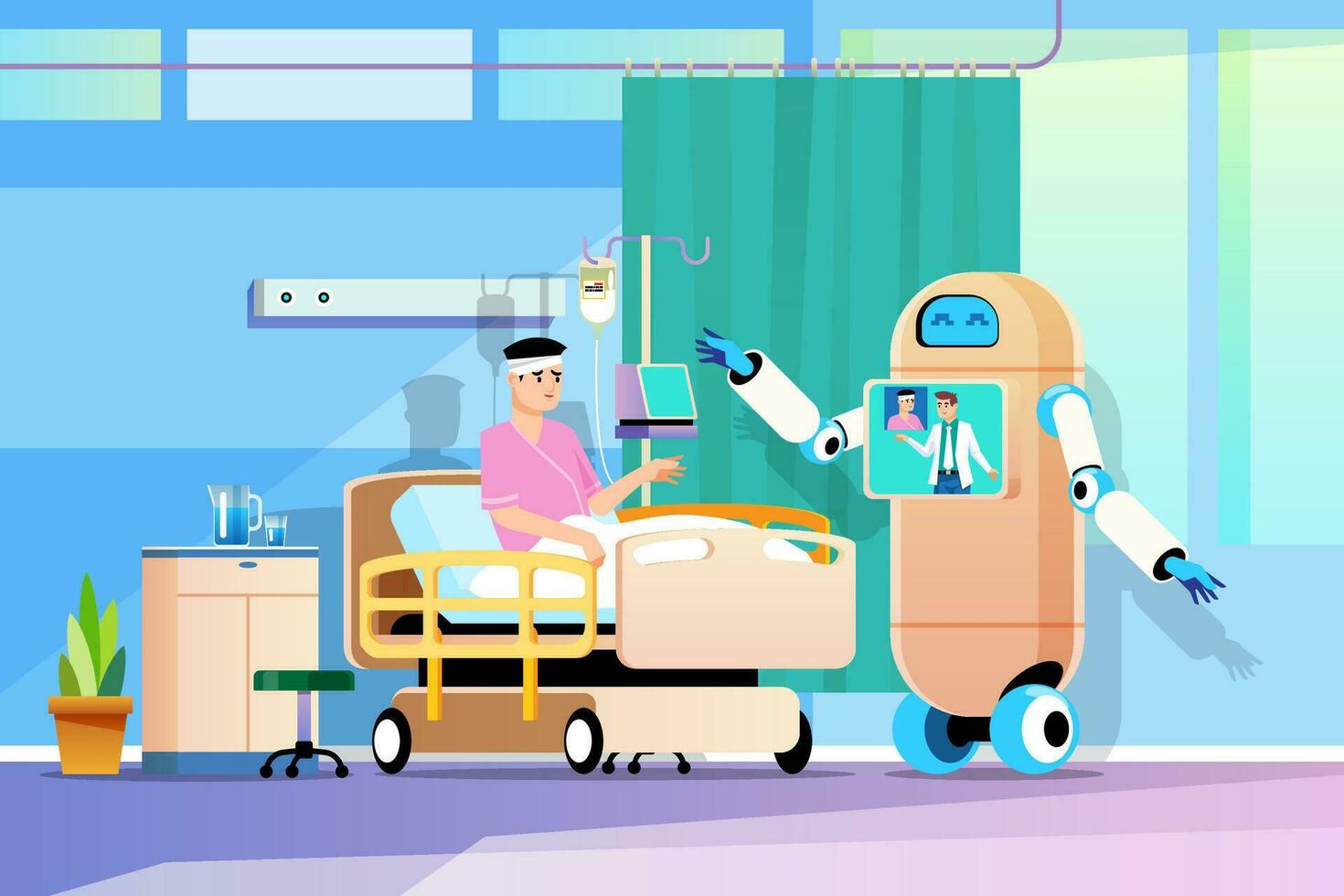 A robot that takes care of patients in the recovery room Doctors can be controlled via a network system with cameras vector