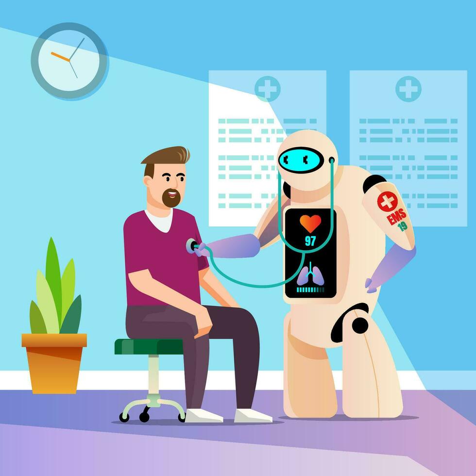 Robot doctor checking human blood pressure. The robot listens to the heart rate, listens to the lungs. Vector illustration