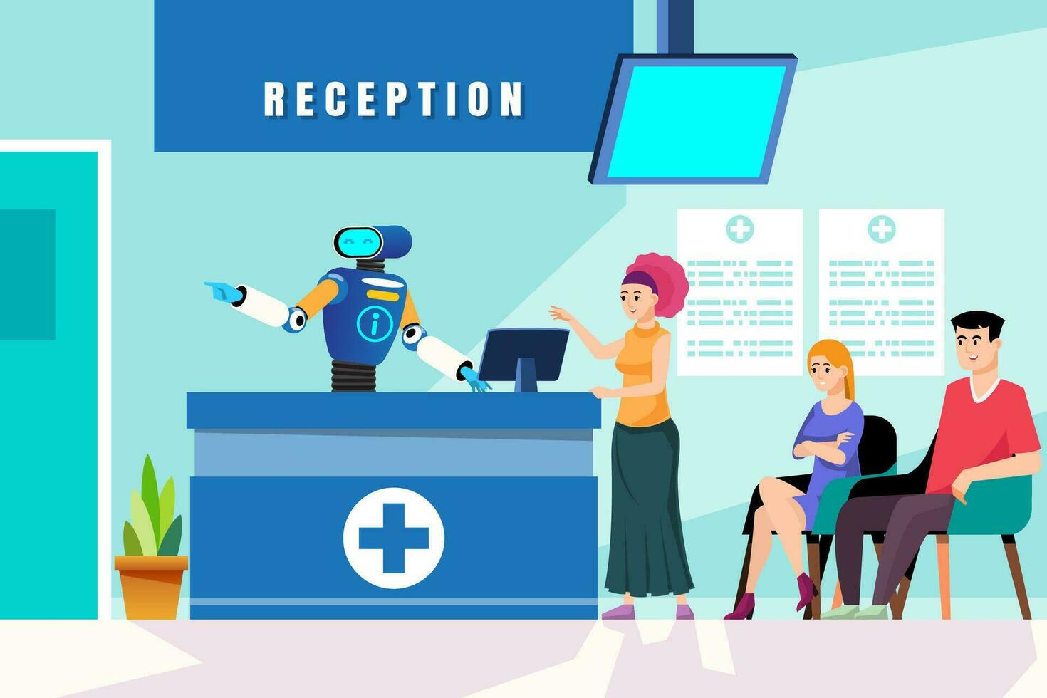 Medical clinic reception vector illustration. Robot doctor and patient sitting at reception desk. Healthcare and medicine. Welcome robots in hospitals for registration