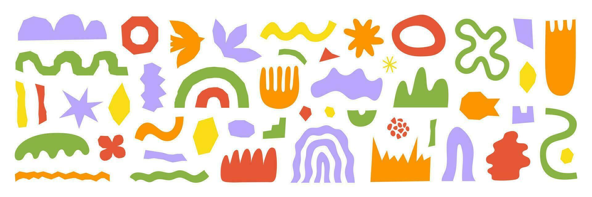 Abstract organic shapes with colorful geometric cutting doodles. Trendy random shapes isolated on a white background. Vector illustration