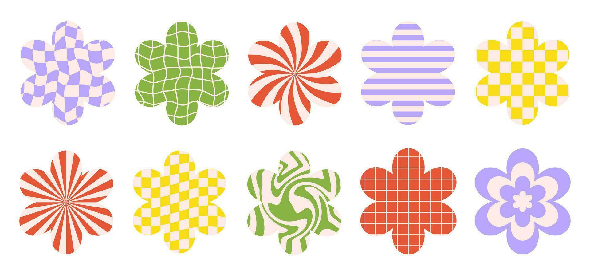 vector conjunto flores íconos con diferente vistoso antecedentes aislado en un blanco antecedentes. retro ilustración en maravilloso estilo años 60, años 70