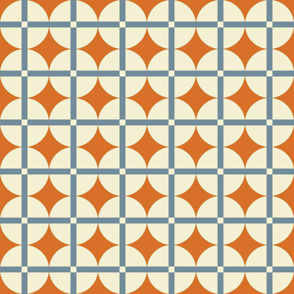 Retro aesthetic seamless pattern in style 60s, 70s. Geometric circles and linear grid on a orange background. Trendy vector print. Blue, orange and beige colors