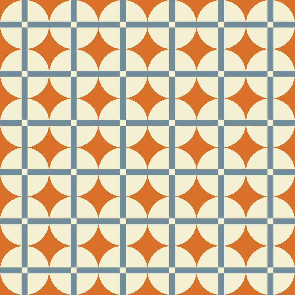 Retro aesthetic seamless pattern in style 60s, 70s. Geometric circles and linear grid on a orange background. Trendy vector print. Blue, orange and beige colors