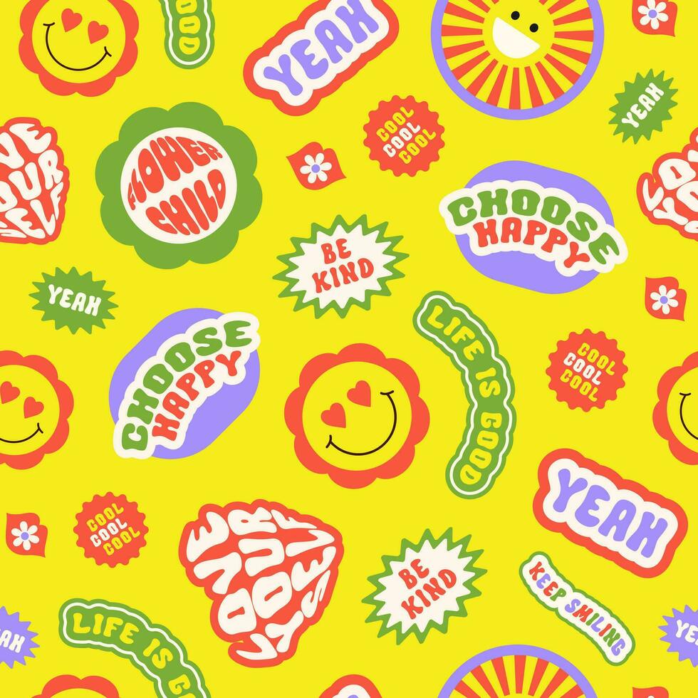 Trendy colorful cartoon stickers seamless pattern with smiling face and text on a yellow background. Collection of cute funny icons, positive slogans in style 70, 80s. Vector illustration