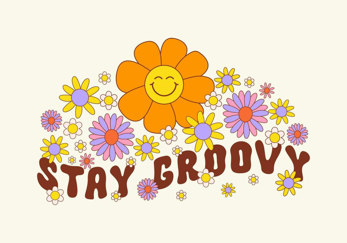 Stay groovy retro hippie design illustration, positive message phrase isolated on a beige background. Horizontal background. Trendy groovy vector print in style 70s, 80s