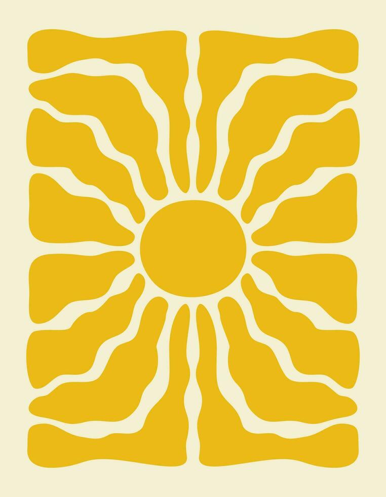 Vertical retro groovy background with bright sunburst in style 60s, 70s. Trendy colorful graphic print. Vector illustration