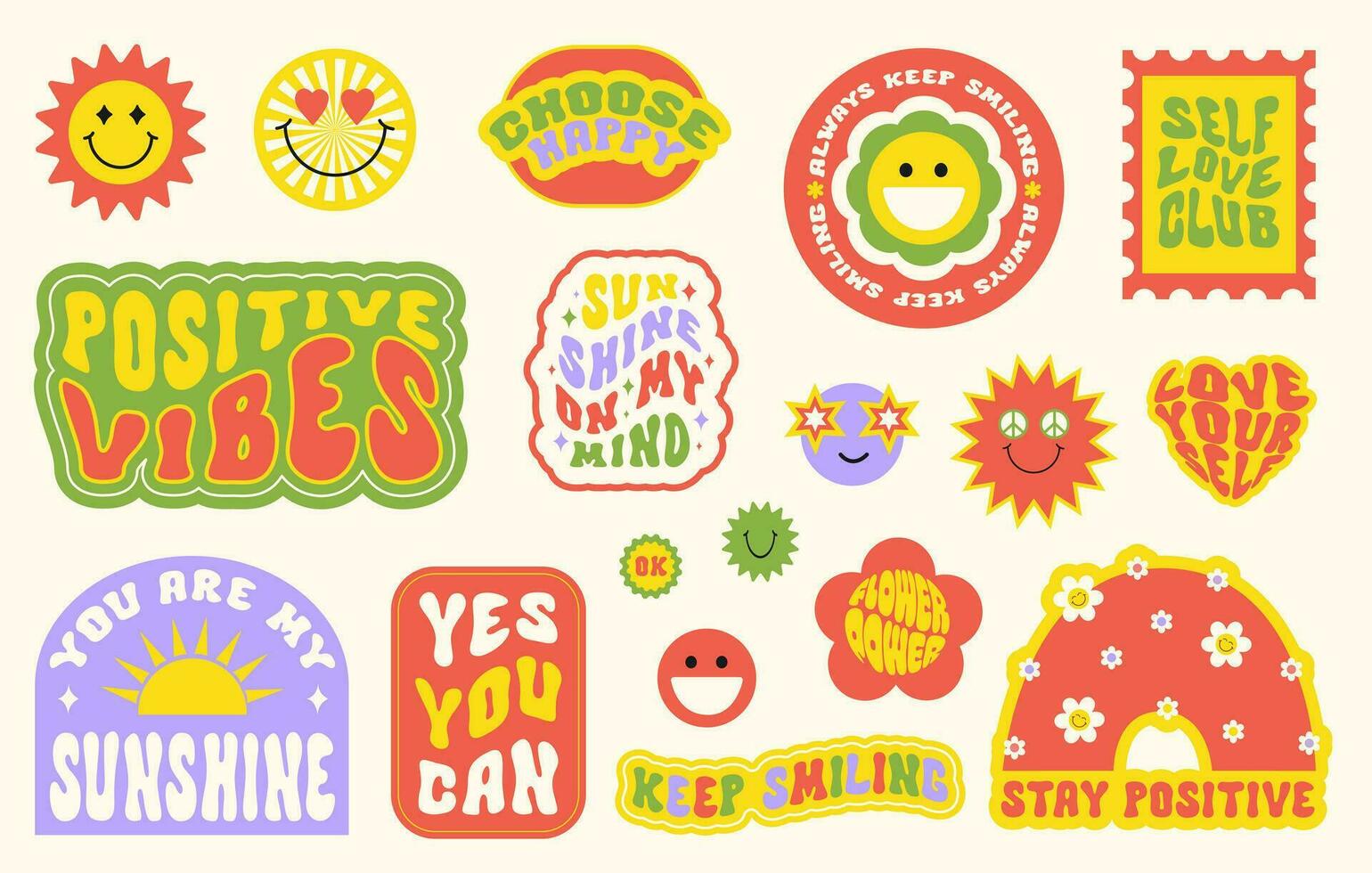 Trendy colorful set stickers with smiling face and text. Collection of cartoon shapes, positive slogans in style 70, 80s. Vector illustration