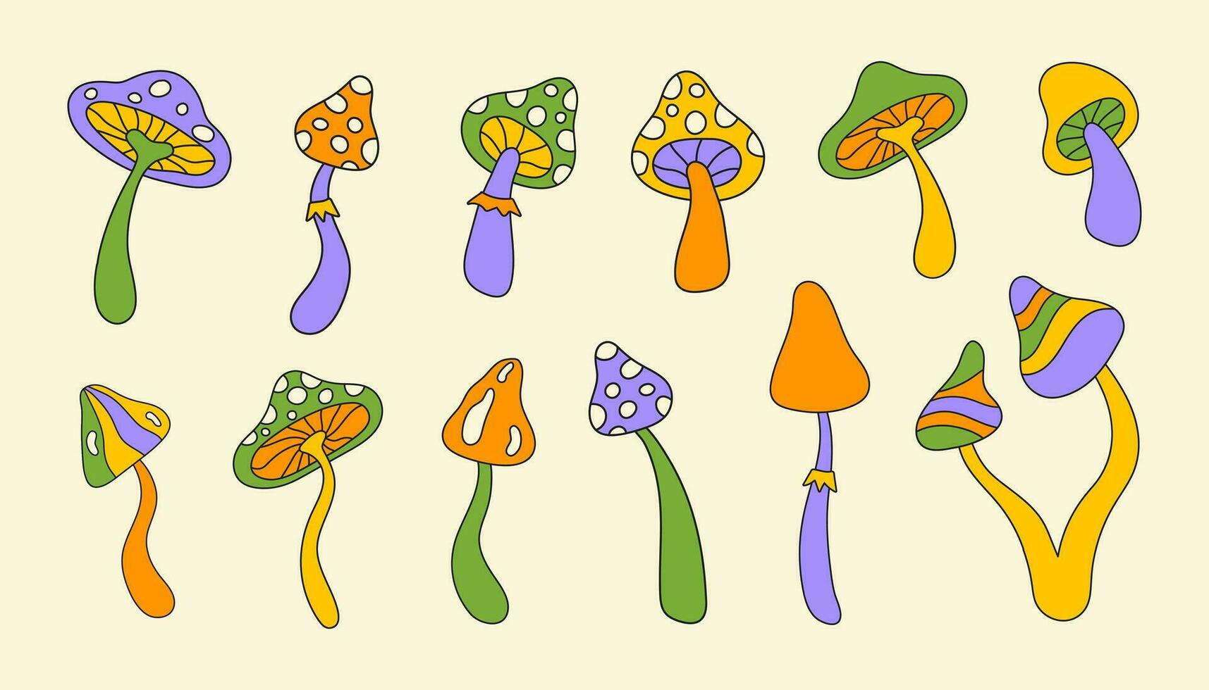 Retro set groovy hippie mushrooms. Trendy vector illustration in style 60s, 70s