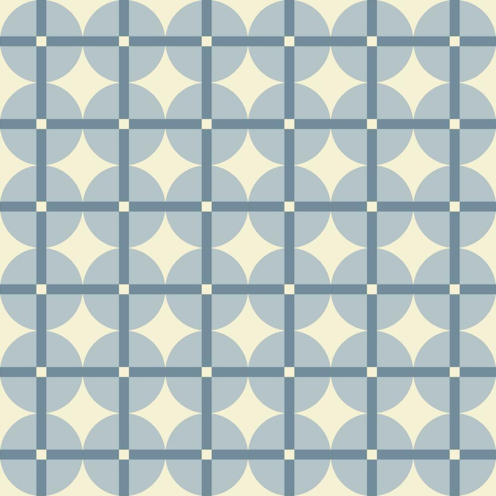 Retro aesthetic seamless pattern in style 60s, 70s. Geometric circles and linear grid on a beige background. Monochrome vector print. Blue and beige colors