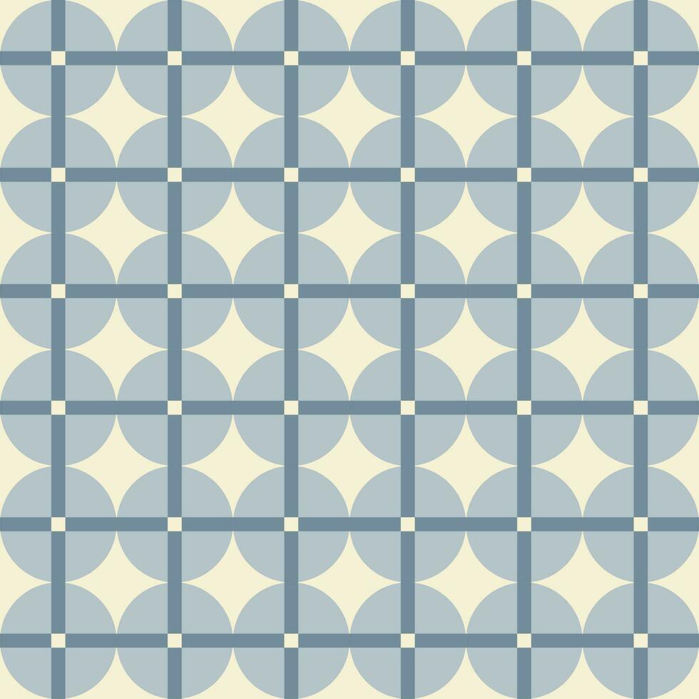 Retro aesthetic seamless pattern in style 60s, 70s. Geometric circles and linear grid on a beige background. Monochrome vector print. Blue and beige colors