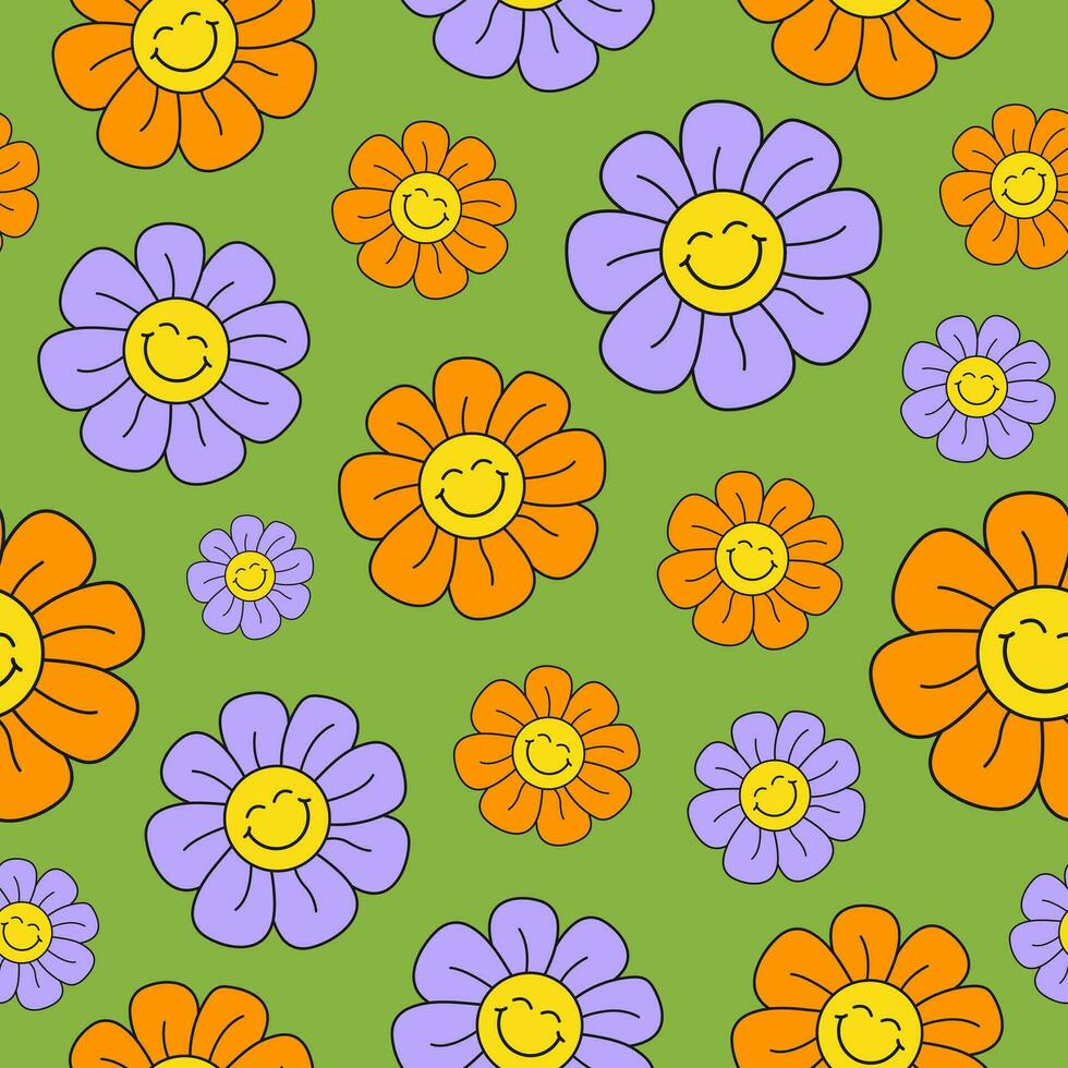 Retro groovy seamless pattern with smiling flowers on a green background. Cute colorful trendy vector illustration in style 60s, 70s