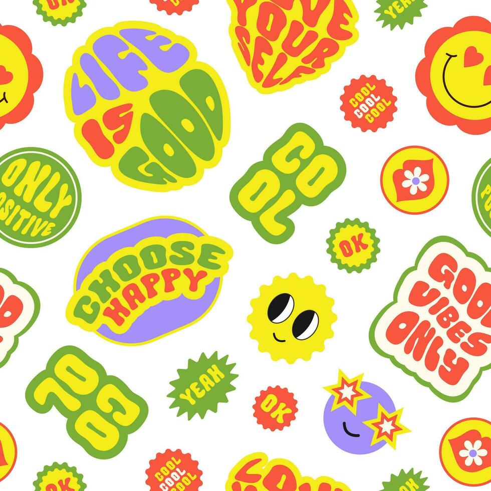 Trendy colorful cartoon stickers seamless pattern with smiling face and text on a white background. Collection of cute funny icons, positive slogans in style 70, 80s. Vector illustration