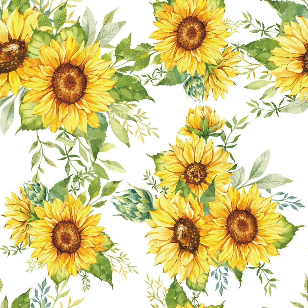 Elegant floral Seamless pattern with sunflowers and watercolor greenery vector
