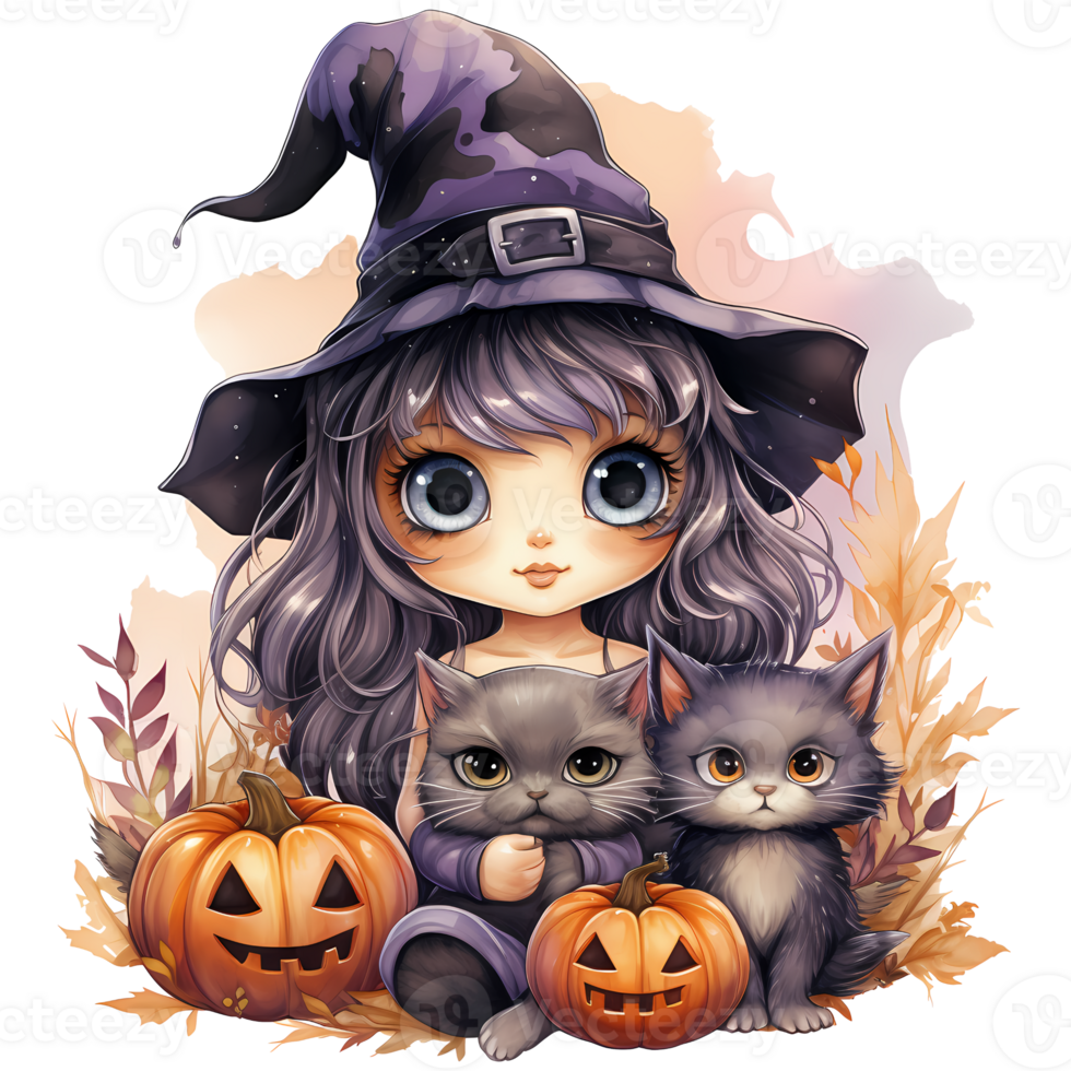 carino poco strega e sua familiari e zucche, contento Halloween ai generativo png