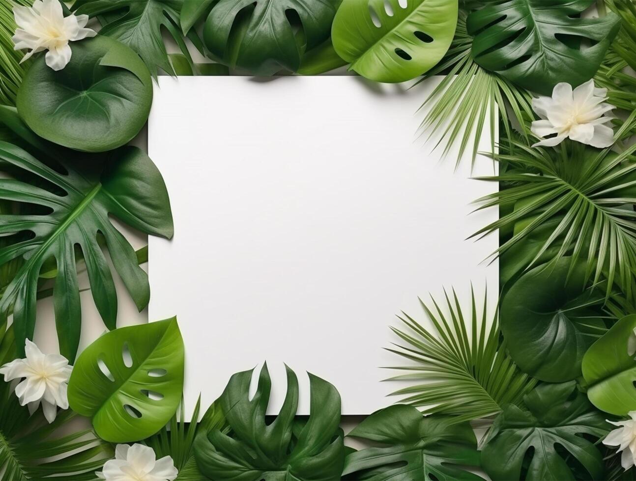 Tropical floral background copy space with paper. photo