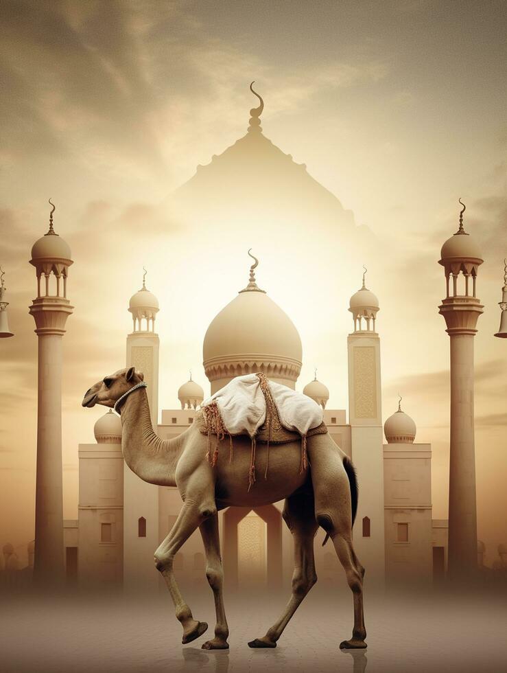 Eid Al Adha Mubarak greeting with camel and mosque, Eid Mubarak photo