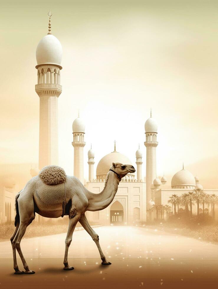 Eid Al Adha Mubarak greeting with camel and mosque, Eid Mubarak photo