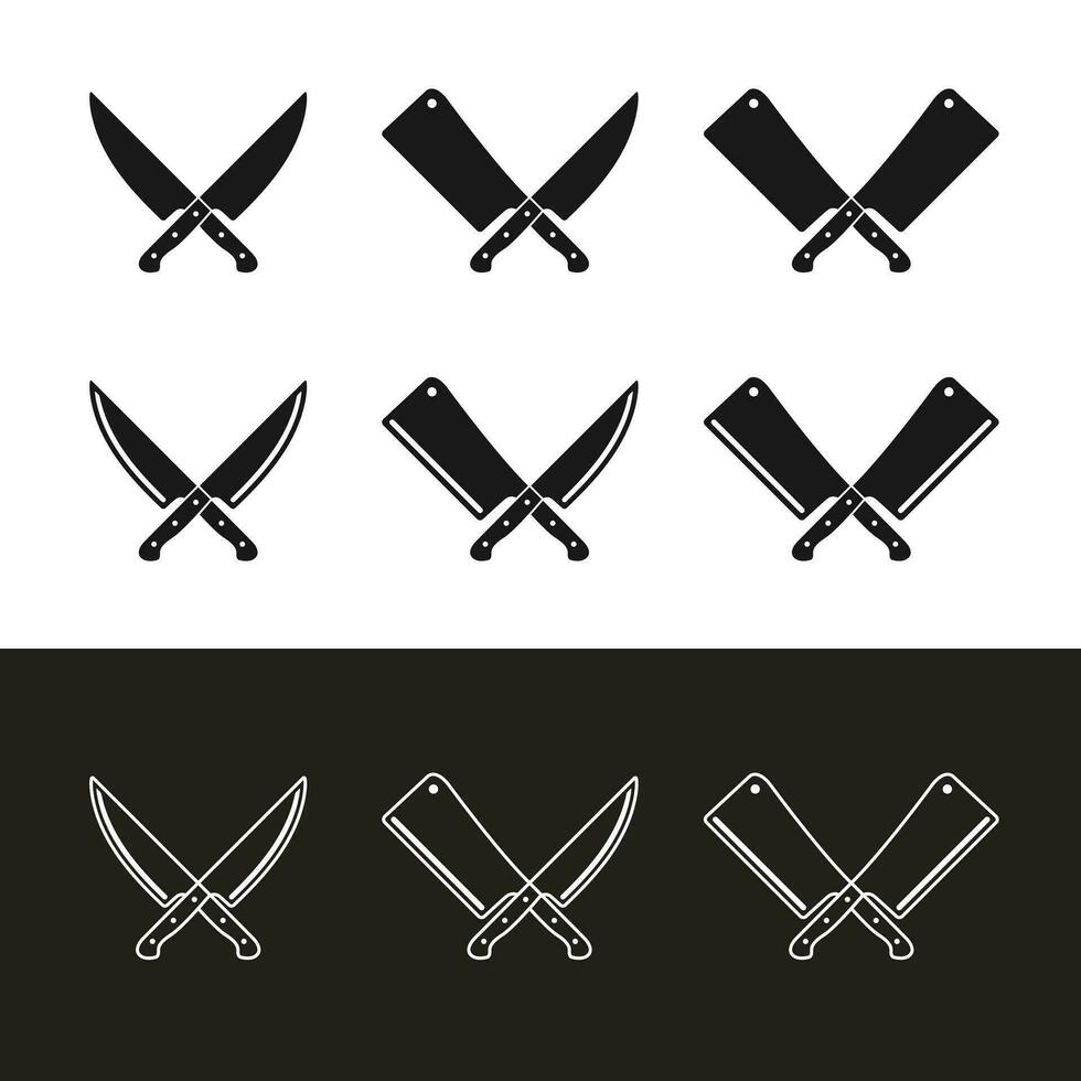 conjunto de cruzado Carnicero carne cuchillos cuchillo silueta vector