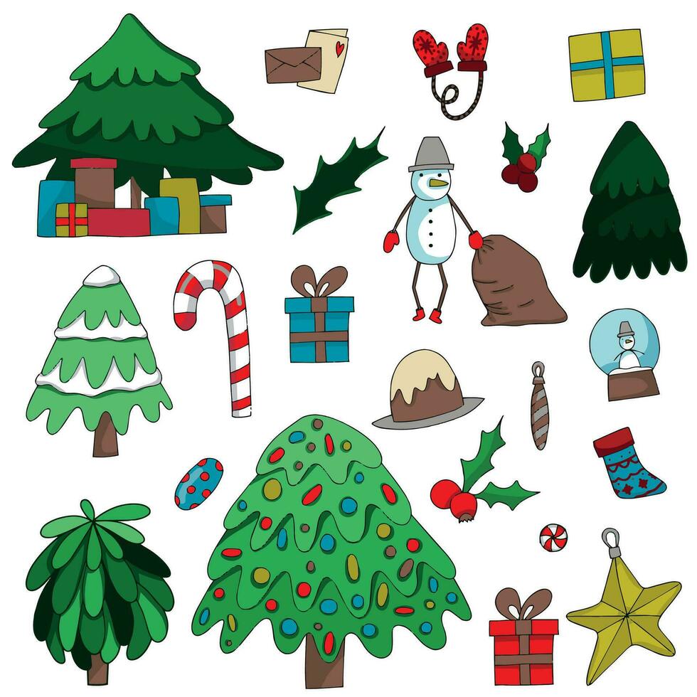 Big clipart bundle for christmas and new year design. Christmas trees, snowman, toys, candies, tree decor and a lot of cure doodle style elements vector