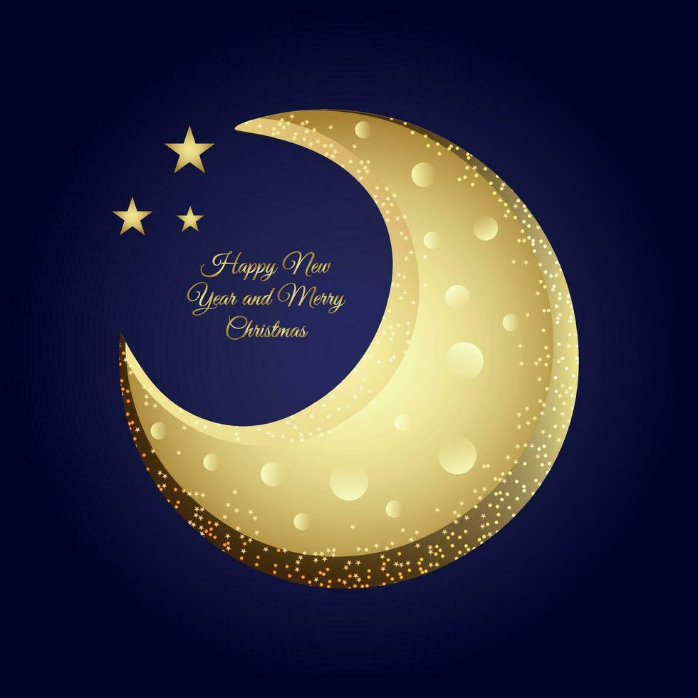 golden moon brilliant fairytale on dark blue background with golden inscription of happy new year and christmas vector image