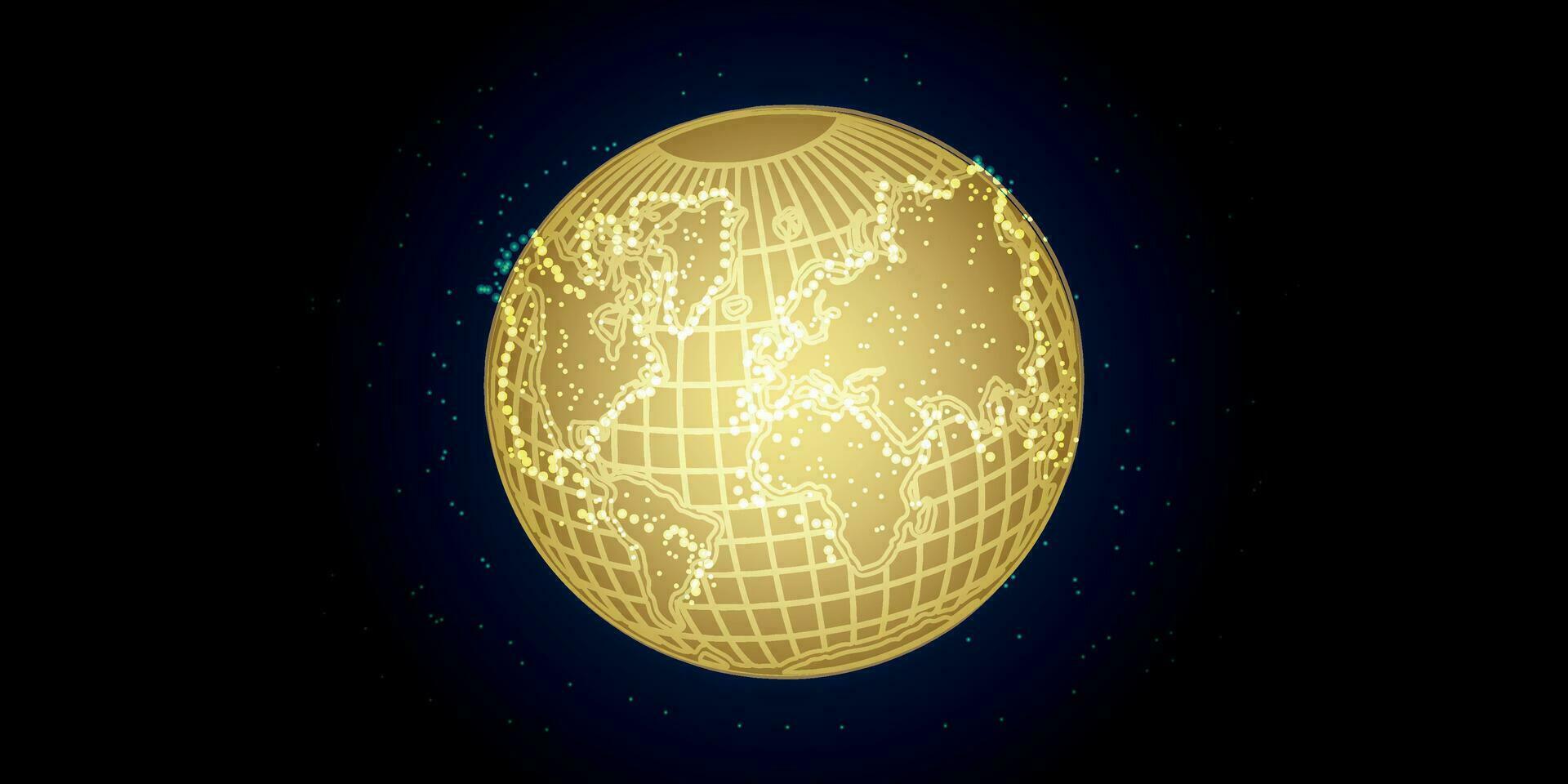 Golden planet Earth with glowing lights on dark background vector image