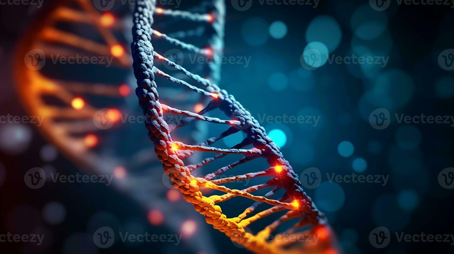 DNA double helix structure on a dark background during twilight, Generative AI photo