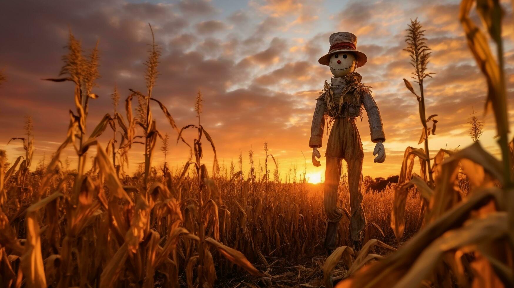 person in a wheat field a scarecrow standing tall in picturesque countryside, surrounded by golden fields and colorful sunset, AI-Generated photo