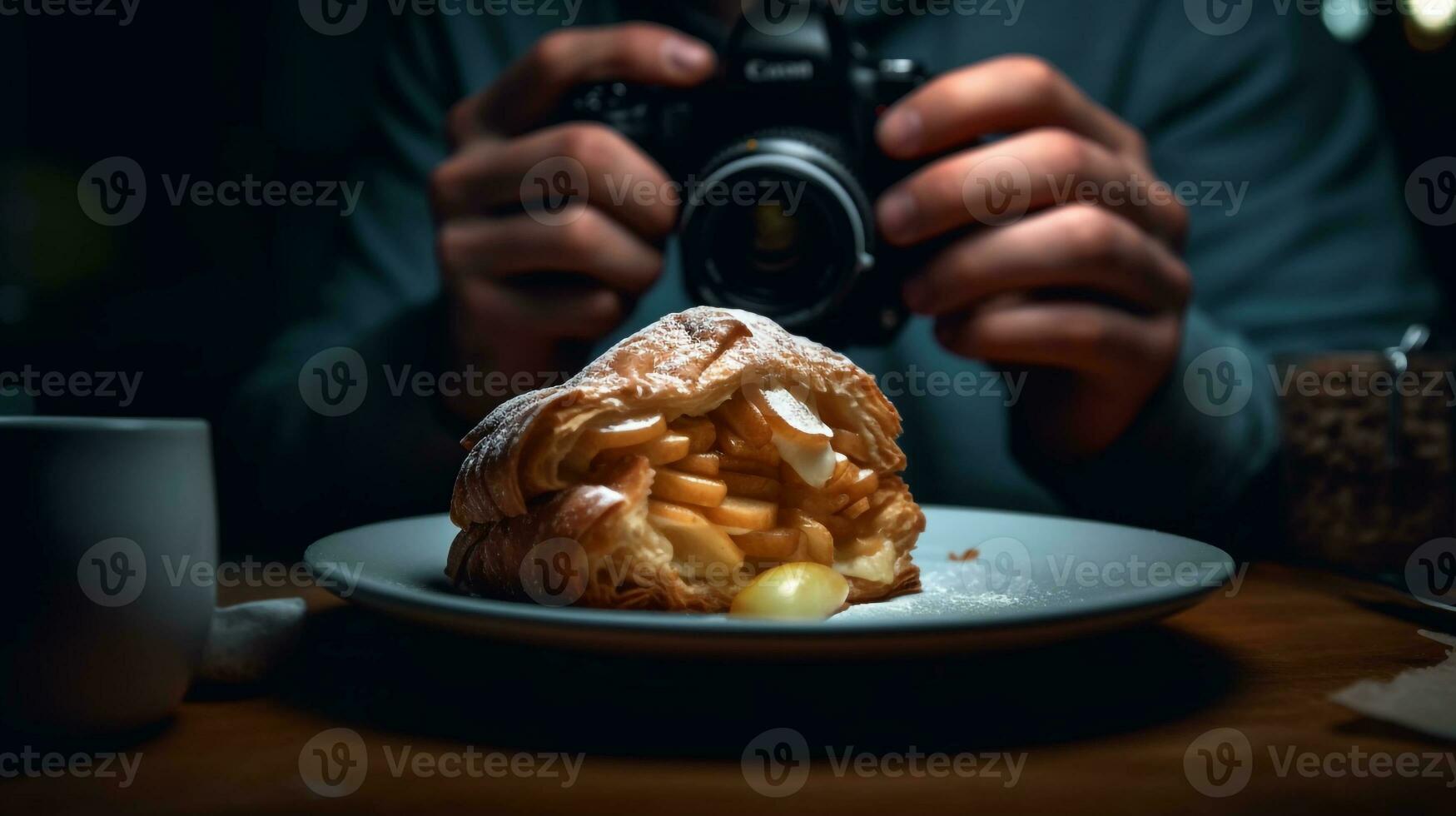 Enjoying a bite of an apple turnover, capturing their delight and the layers of flaky pastry and sweet apple filling, AI Generated photo