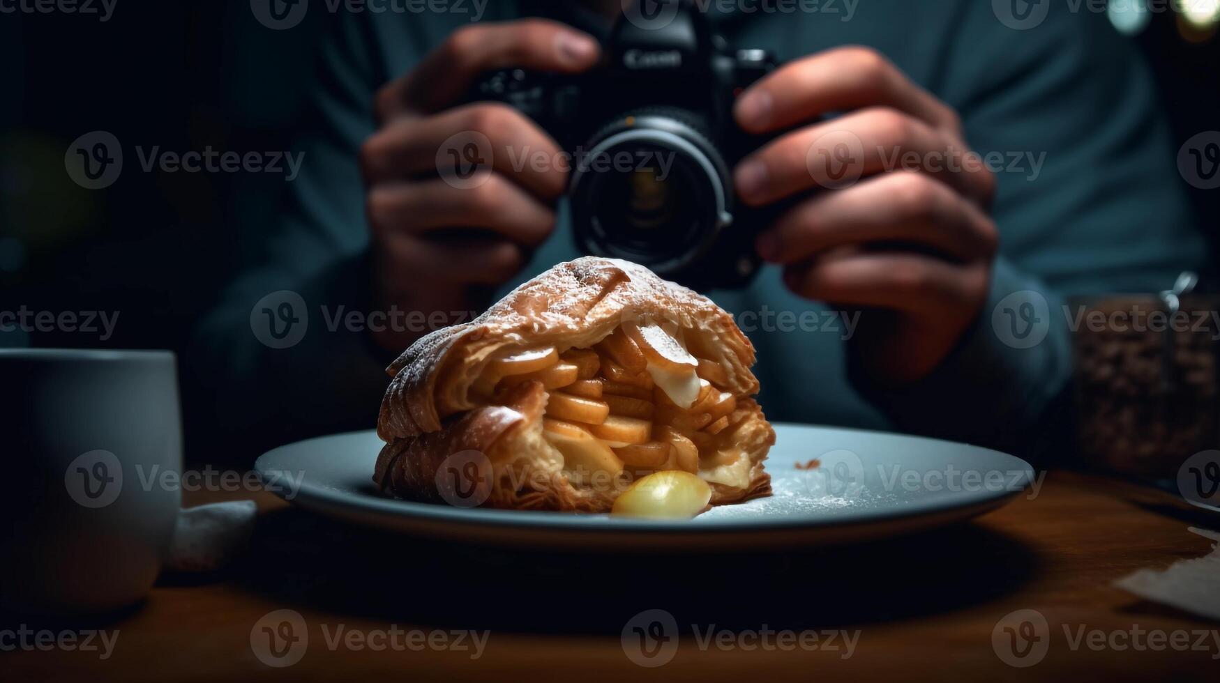 Enjoying a bite of an apple turnover, capturing their delight and the layers of flaky pastry and sweet apple filling, photo