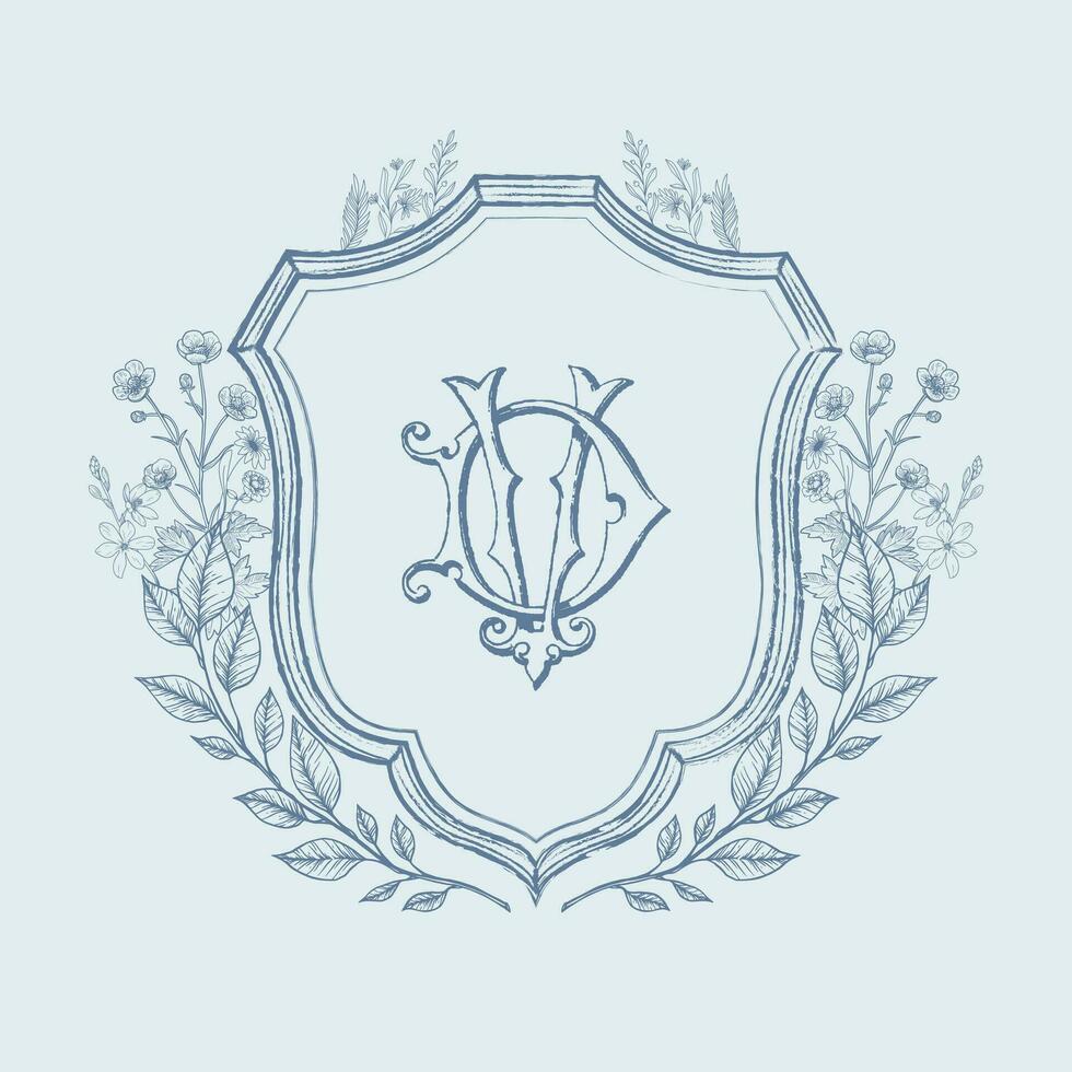 Vintage DV initial monogram with floral wedding crest. Vintage wedding crest monogram vector illustration.
