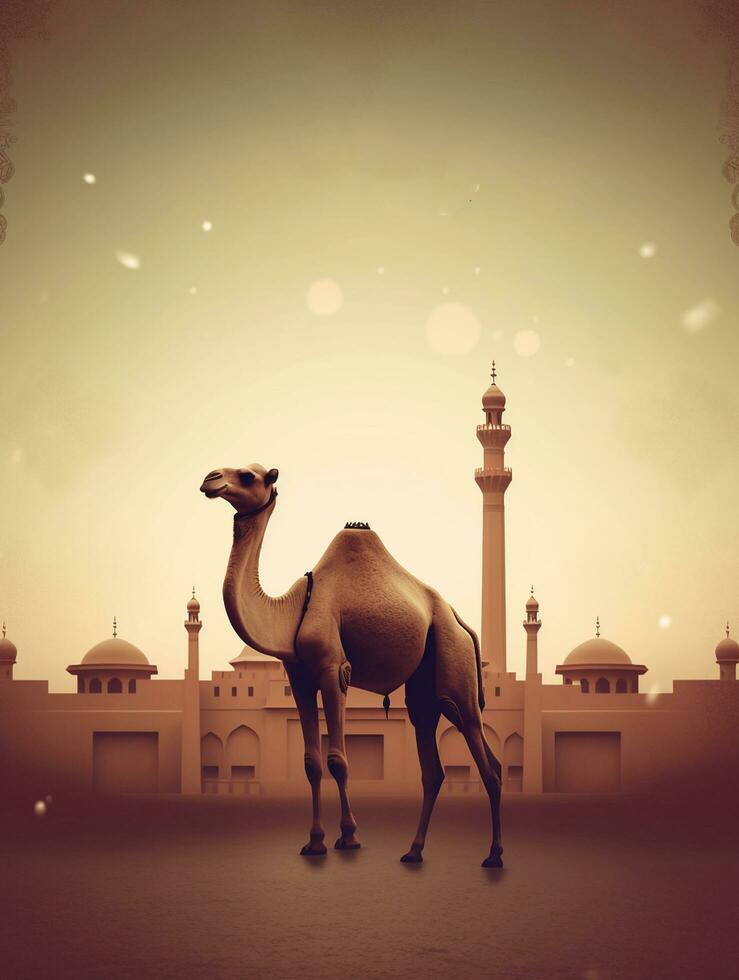 Eid Al Adha Mubarak greeting with camel and mosque, Eid Mubarak photo