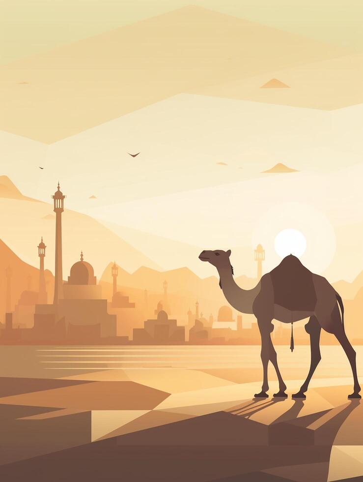 Eid Al Adha Mubarak greeting with camel and mosque, Eid Mubarak photo
